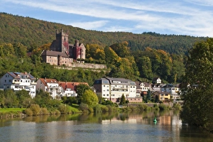 Hesse Prints: The Mittelburg (Middle Castle) and Neckar River, Neckarsteinach, Hesse, Germany, Europe