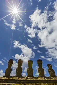 Restored Prints: Moai with scoria red topknots at the restored ceremonial site of Ahu Nau Nau on Easter Island (Isla de Pascua)