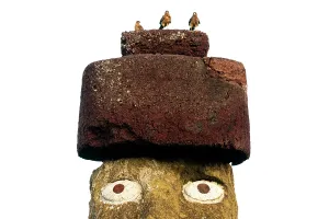 Indigenous Prints: Moai statue with birds on top at Rapa Nui