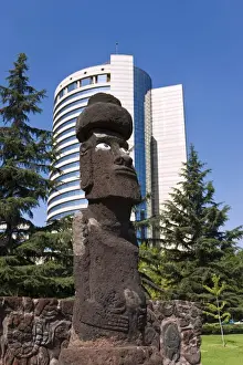 Chilean Prints: Moai statue in central Santiago, Chile, South America