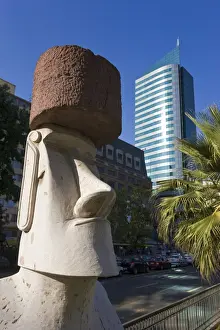 Chilean Prints: Moai statue on Santiagos main street Avenue O Higgins, Santiago