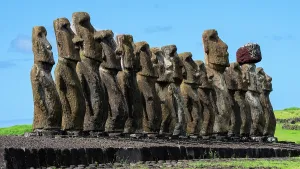 Ritual Prints: Moai statues stand in a row at Ahu Tongariki on Easter Island in Chile under a clear blue sky