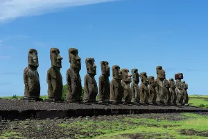 Monumental Prints: Moai statues stand in a row at Ahu Tongariki during a sunny day in Chile on Easter Island
