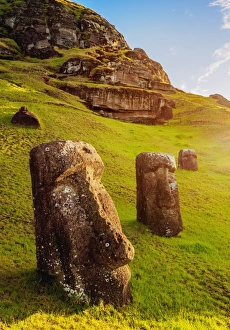 Moais at the quarry on the slope of the Rano Raraku Volcano, Rapa Nui National Park