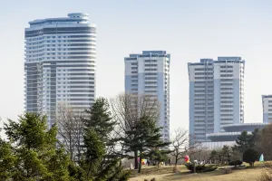 North Korean Prints: Modern apartment buildings in the city centre