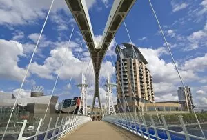 Modern architecture of new apartment buildings and the Lowry Centre fron the Millennium Bridge