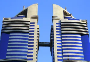 Iconic Prints: Modern architecture stands tall in central Dubai with distinctive twin towers showcasing unique design features