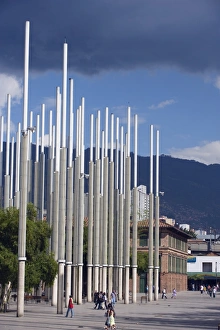 Poles Prints: Modern art installation in city center, Medellin, Colombia, South America