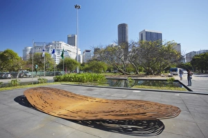 Centro Prints: Modern art sculpture with city skyline, Centro, Rio de Janeiro, Brazil, South America