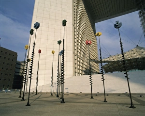 La Defense Prints: Modern art sculptures before La Grande Arche, La Defense, Paris, France, Europe