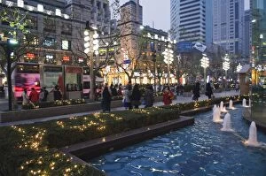Modern displays and illuminations around a fountain in the French Concession area