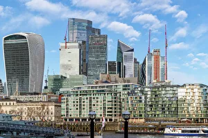 Iconic Buildings Prints: Modern London skyline with skyscrapers and clear blue sky