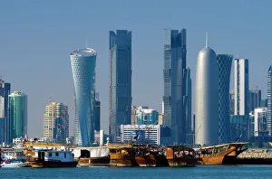 Towers Prints: Modern skyline from Dhow Harbour, Doha, Qatar, Middle East