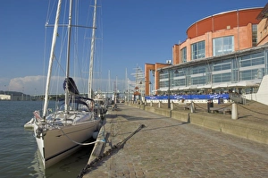 Sailing Vessel Prints: Modern yacht moored alongside the Opera House