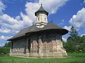 Moldovita Monastery from the southeast, exterior walls painted by Toma of Suceava in 1537
