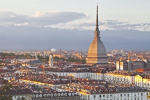 Building Exteriors Prints: The Mole Antonelliana rising above Turin at sunset, Turin, Piedmont, Italy, Europe