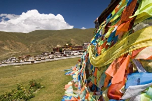 Sichuan Prints: Monastery and prayer flags, Litang, Sichuan, China, Asia
