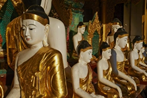 Traditionally Burmese Prints: Monastery, Shwedagon Paya, Yangon (Rangoon), Myanmar (Burma), Asia