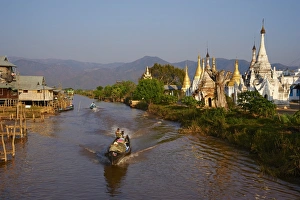 Traditionally Burmese Prints: Monastery and Ywama village, Inle Lake, Shan State, Myanmar (Burma), Asia