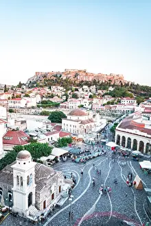 Bustling Prints: Monastiraki Square and Acropolis Athens, Greece