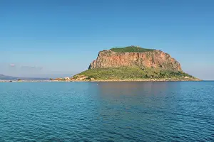 Laconia Prints: Monemvasia, historic city on an island with a mountain in turquoise sea