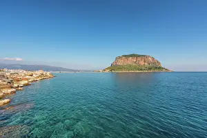 Laconia Prints: Monemvasia, historic city on an island with a mountain in turquoise sea