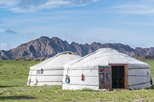 Mongolian Prints: Mongolian gers and mountains in the background