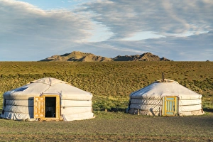 Mongolian Prints: Two Mongolian nomadic gers and mountains in the background, Bayandalai district