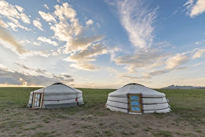 Mongolian Prints: Mongolian nomadic traditional gers and clouds in the sky, Middle Gobi province, Mongolia