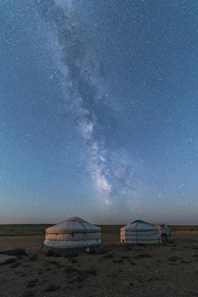 Mongolian Prints: Mongolian traditional gers under the Milky Way, Ulziit, Middle Gobi province, Mongolia