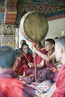 Tsechu Prints: Monk with drum, Autumn Tsechu (festival) at Trashi Chhoe Dzong, Thimpu, Bhutan, Asia