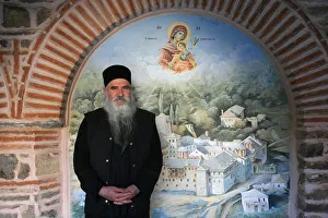 Monks Prints: Monk at Koutloumoussiou monastery, UNESCO World Heritage Site, Mount Athos, Greece