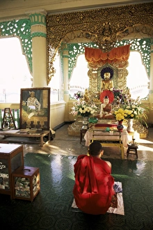 Pray Prints: Monk worshipping, Kuthodaw Pagoda, Mandalay, Myanmar (Burma), Asia