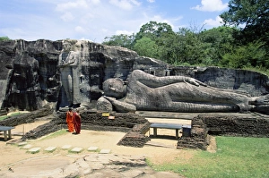 Sinelese Prints: Two monks in front of Buddha statue