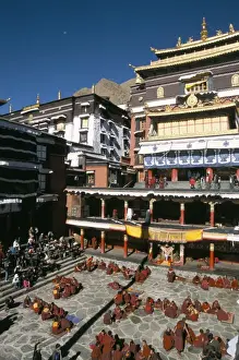 Tibetan Tradition Prints: Monks debate in main courtyard, Tashilhunpo monastery, Shigatse (Xigatse)