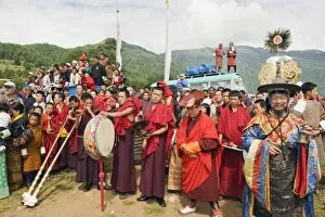Images Dated 4th October 2009: Monks and priest at Thangbi Mani Tsechu (festival), Jakar, Bumthang, Chokor Valley