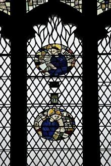 Monks in stained glass, Galilee Chapel, Durham Cathedral, County Durham, England, United Kingdom, Europe