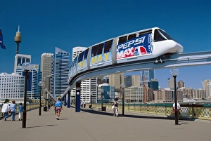 Mono Rail Prints: The Monorail at Darling Harbour with the city skyline beyond, Sydney, NSW