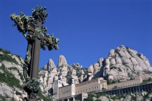 Monserrat Prints: Monserrat Monastery and ornate cross