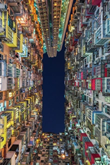 Facades Prints: Monster Buildings illuminated at night, Quarry Bay, Hong Kong, China