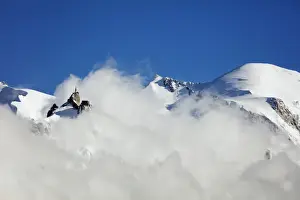 Rhone Alpes Prints: Mont Blanc, 4810m, and Aiguille du Midi cable car station, Chamonix, Haute Savoie
