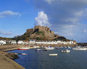 Jersey Prints: Mont Orgueil Castle, Gorey Harbour, Jersey, Channel Islands, UK