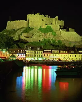 Jersey Collection: Mont Orgueil and harbour by night, Gorey, Jersey, Channel Islands, United Kingdom, Europe