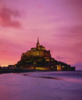 Steeple Prints: Mont Saint-Michel (Mont St. Michel) at sunset, La Manche region, Normandy, France, Europe