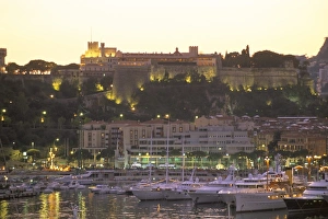 Monaco Prints: Monte Carlo harbour and Princes palace at sunset, Monaco, Cote d Azur