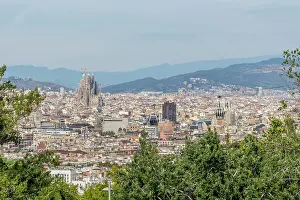 Sagrada Familia Prints: The Montjuic cable car aerial tram overlooking Barcelona, Catalonia, Spain, Europe