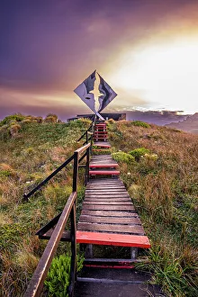 Wooden Walkway Prints: Monument of Cape Horn, southern most point in South America