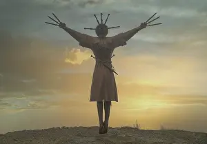 Strength Prints: Monument dedicated to dance with daggers in Verkhny Zgid Village at sunset in the Caucasus region of North Ossetia