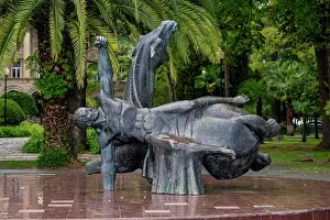 Attractions Prints: Monument featuring a human figure and a horse in Bagrat Shinkuba Park on the Ocean promenade in Sukhumi