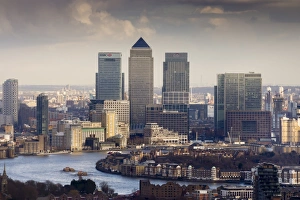 Docklands Prints: Moody view of Canary Wharf, Docklands, from above, London, England, United Kingdom
